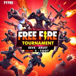 A vibrant and eye-catching banner for a Free Fire tournament, featuring dynamic action scenes from the game, including characters in combat poses, weapons, and explosions