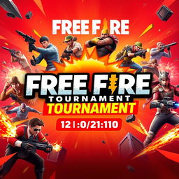 A vibrant and eye-catching banner for a Free Fire tournament, featuring dynamic action scenes from the game, including characters in combat poses, weapons, and explosions