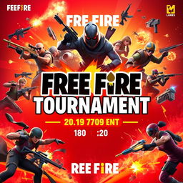 A vibrant and eye-catching banner for a Free Fire tournament, featuring dynamic action scenes from the game, including characters in combat poses, weapons, and explosions