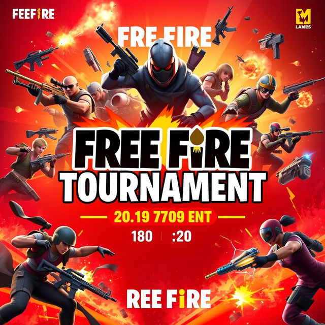 A vibrant and eye-catching banner for a Free Fire tournament, featuring dynamic action scenes from the game, including characters in combat poses, weapons, and explosions