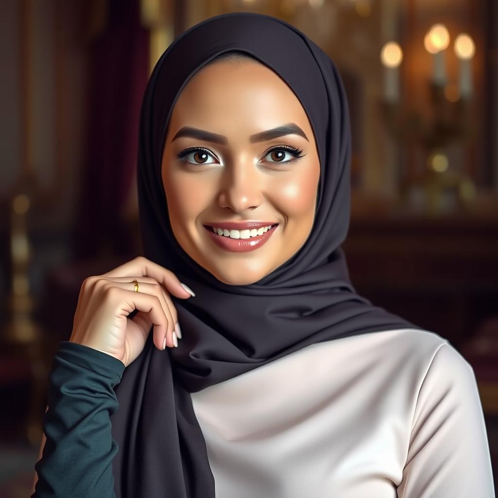 A beautiful, confident woman wearing a hijab, artfully posed in a luxurious setting