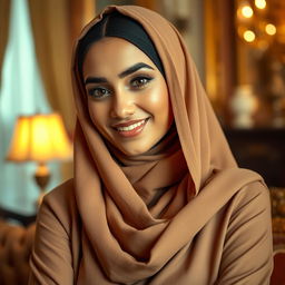 A beautiful, confident woman wearing a hijab, artfully posed in a luxurious setting