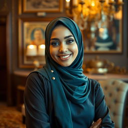 A beautiful, confident woman wearing a hijab, artfully posed in a luxurious setting