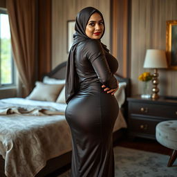 A beautiful 48-year-old Bengali Muslim woman with high cheekbones and glowing skin, showcasing her voluptuous and curvy figure