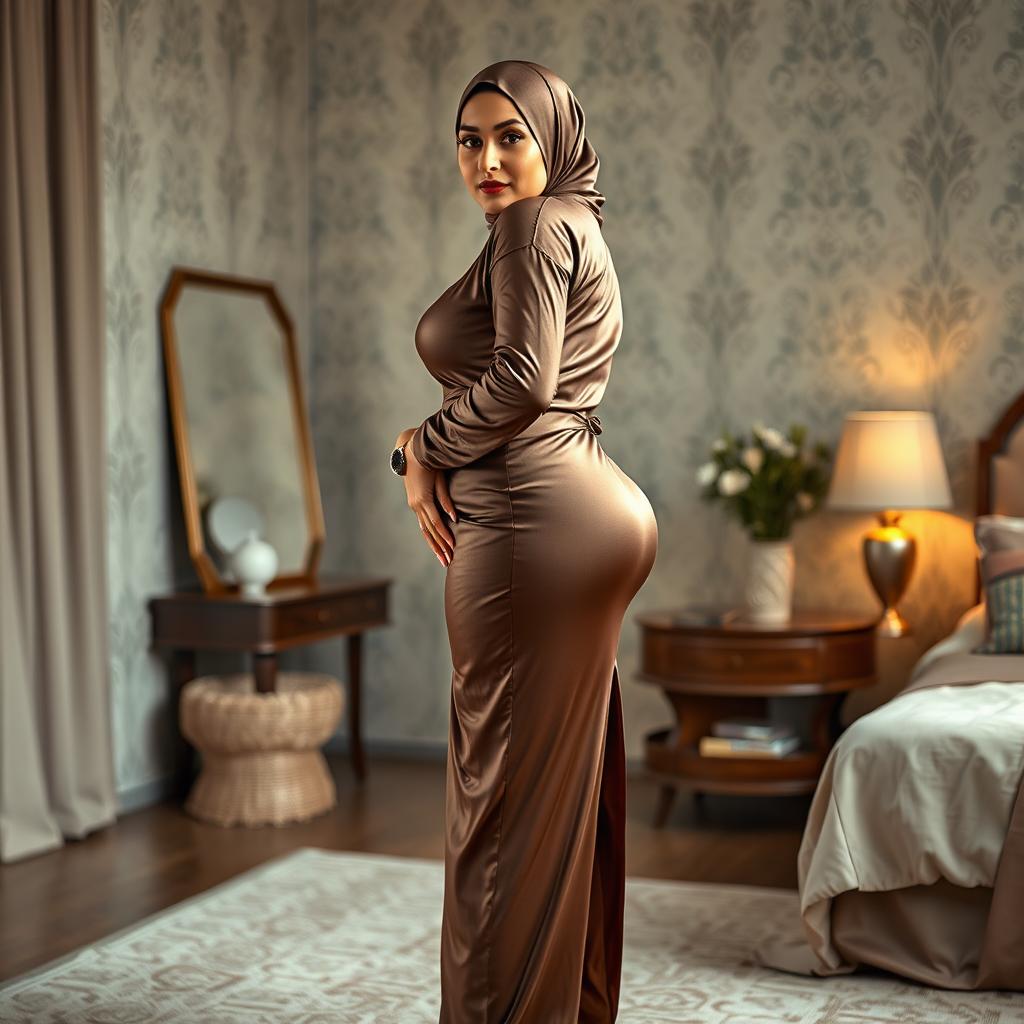 A beautiful 48-year-old Bengali Muslim woman with high cheekbones and glowing skin, showcasing her voluptuous and curvy figure