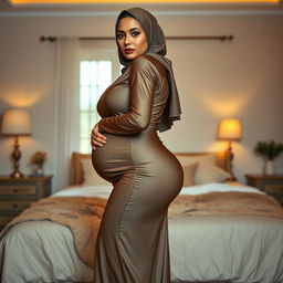 A beautiful 48-year-old Bengali Muslim woman with high cheekbones and glowing skin, showcasing her voluptuous and curvy figure