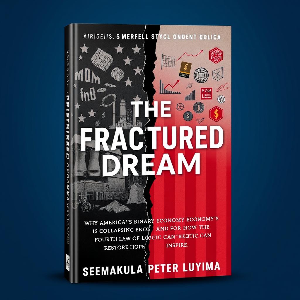 A striking book cover design for 'The Fractured Dream: Why America’s Binary Economy is Collapsing and How the Fourth Law of Logic Can Restore Hope' by Ssemakula Peter Luyima