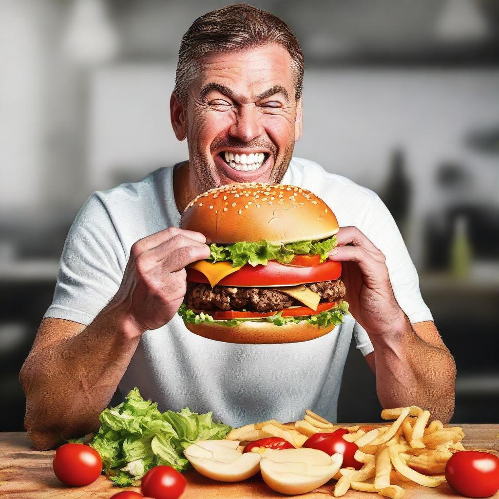 A photorealistic image of a man happily biting into a large, juicy hamburger laden with cheese, lettuce and tomatoes.