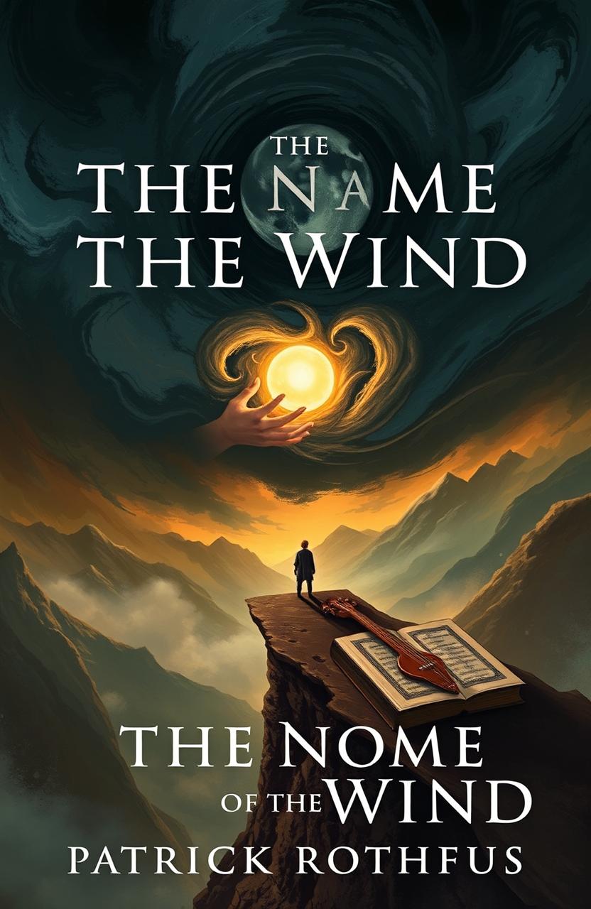 Design a captivating book cover for "The Name of the Wind" by Patrick Rothfuss that captures the essence of Kvothe's journey from a boy in a traveling troupe to a legendary figure