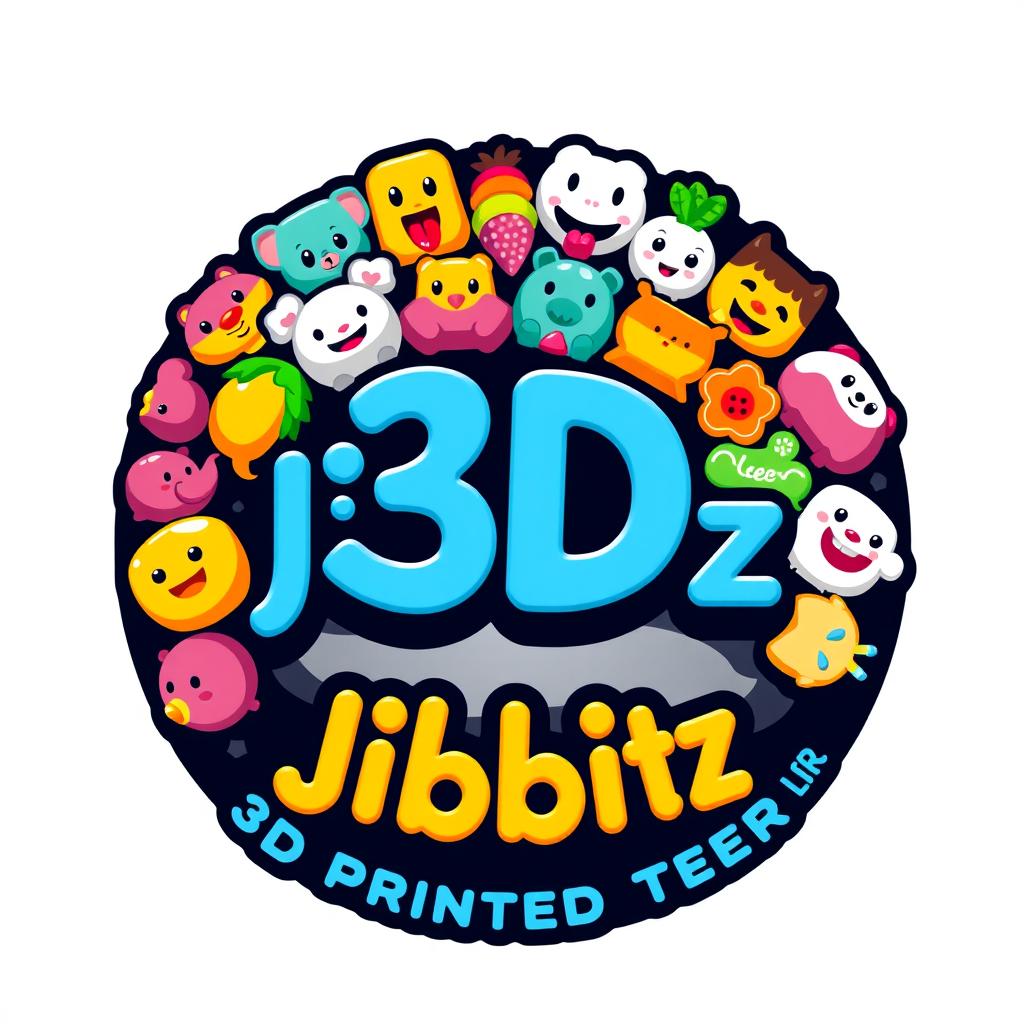A visually appealing logo for a business that sells 3D printed jibbitz, featuring a collection of colorful and playful jibbitz designs arranged artistically