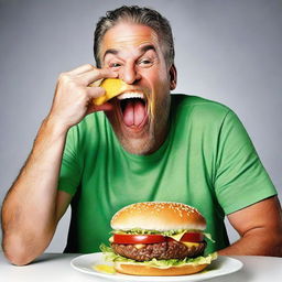 A photorealistic image of a man happily biting into a large, juicy hamburger laden with cheese, lettuce and tomatoes.