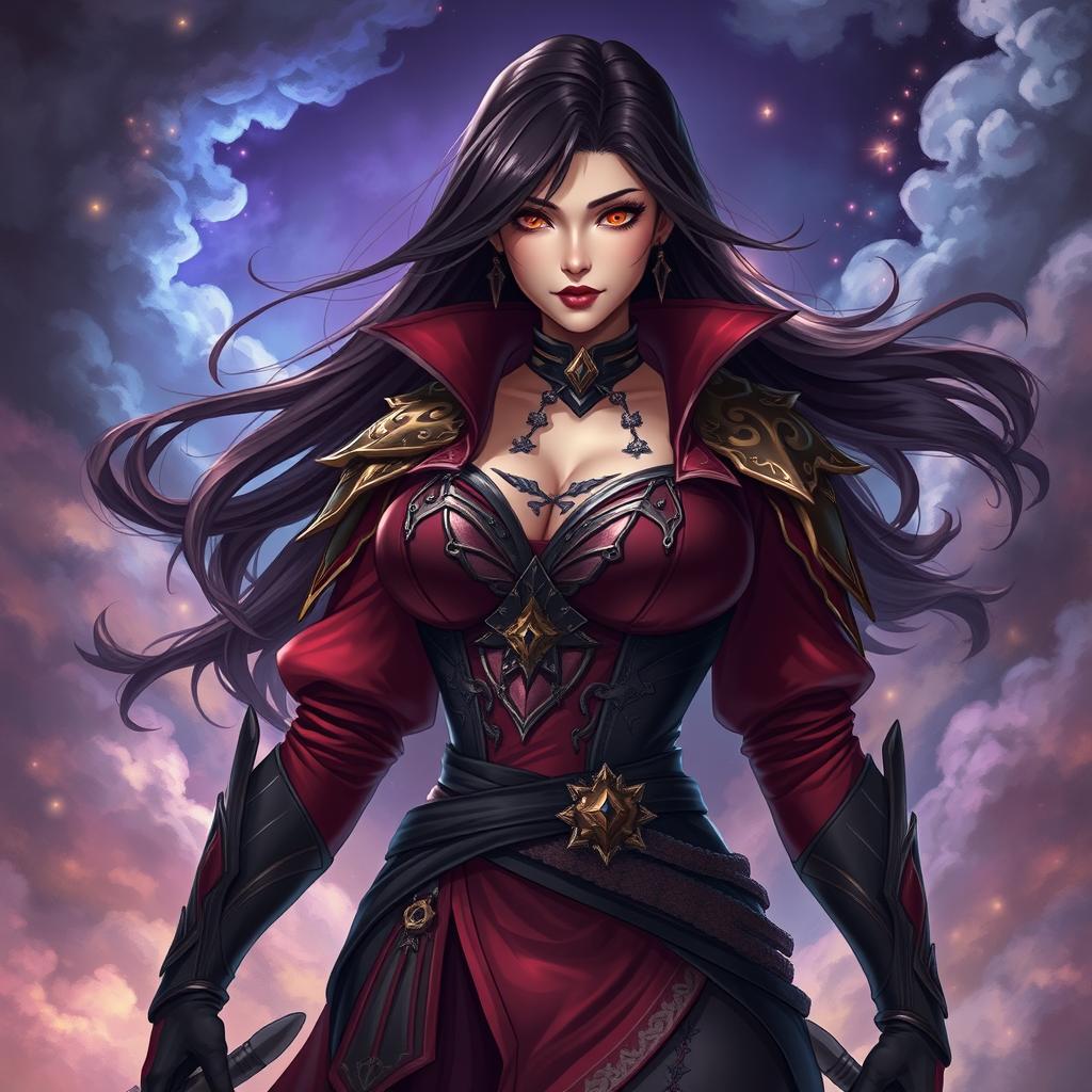 An image of a confident, fierce female character in an elaborate, stylish outfit inspired by a fantasy theme