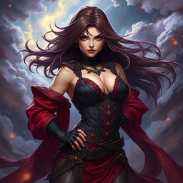 An image of a confident, fierce female character in an elaborate, stylish outfit inspired by a fantasy theme