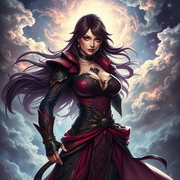 An image of a confident, fierce female character in an elaborate, stylish outfit inspired by a fantasy theme