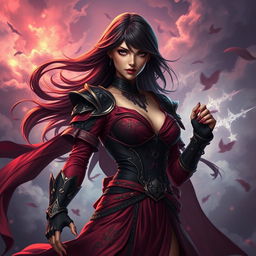 An image of a confident, fierce female character in an elaborate, stylish outfit inspired by a fantasy theme