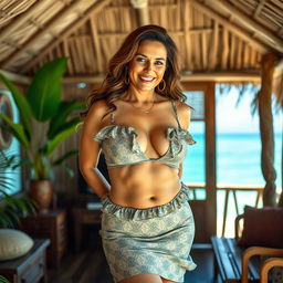 A full body image of a seductive mature woman, around 55 years old, wearing a very short, patterned dress with ruffles and a deep neckline