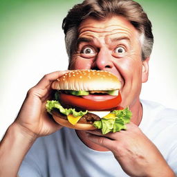 A photorealistic image of a man happily biting into a large, juicy hamburger laden with cheese, lettuce and tomatoes.