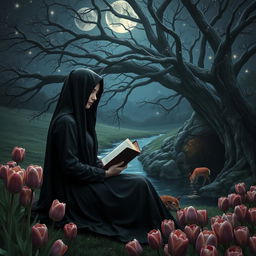 A realistic image of a veiled woman dressed in black, sitting under a majestic tree illuminated by moonlight