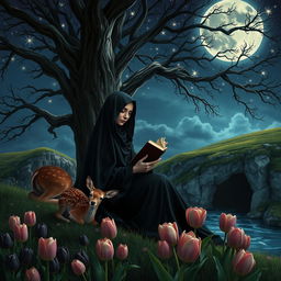 A realistic image of a veiled woman dressed in black, sitting under a majestic tree illuminated by moonlight