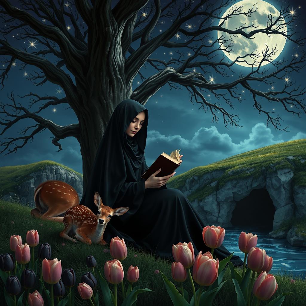 A realistic image of a veiled woman dressed in black, sitting under a majestic tree illuminated by moonlight