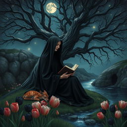 A realistic image of a veiled woman dressed in black, sitting under a majestic tree illuminated by moonlight