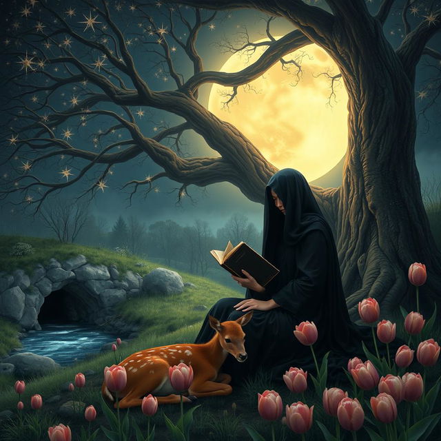 A realistic image of a veiled woman dressed in black, sitting under a majestic tree illuminated by moonlight