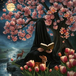 A realistic depiction of a veiled woman dressed in black, with her face covered, sitting under a magnificent flowering tree that glistens