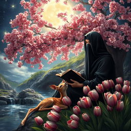 A realistic depiction of a veiled woman dressed in black, with her face covered, sitting under a magnificent flowering tree that glistens