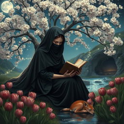 A realistic depiction of a veiled woman dressed in black, with her face covered, sitting under a magnificent flowering tree that glistens