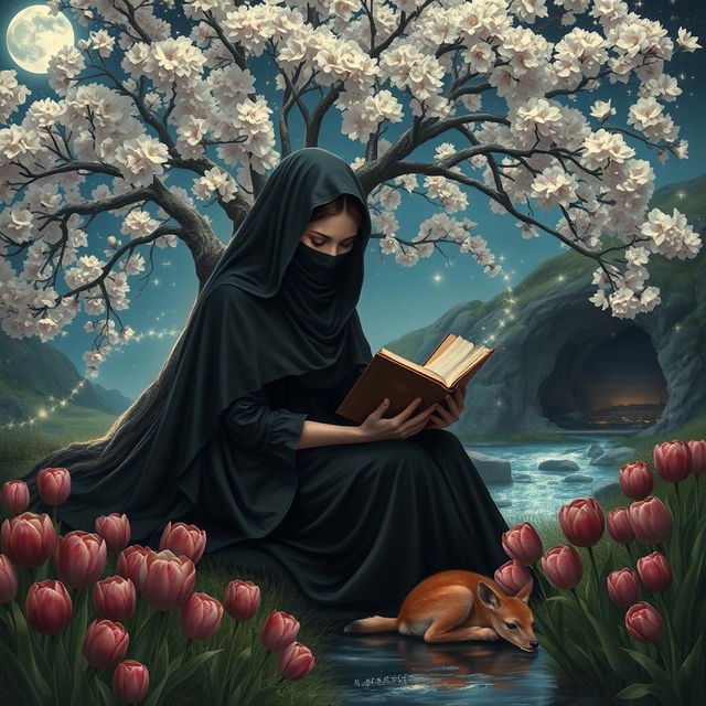 A realistic depiction of a veiled woman dressed in black, with her face covered, sitting under a magnificent flowering tree that glistens