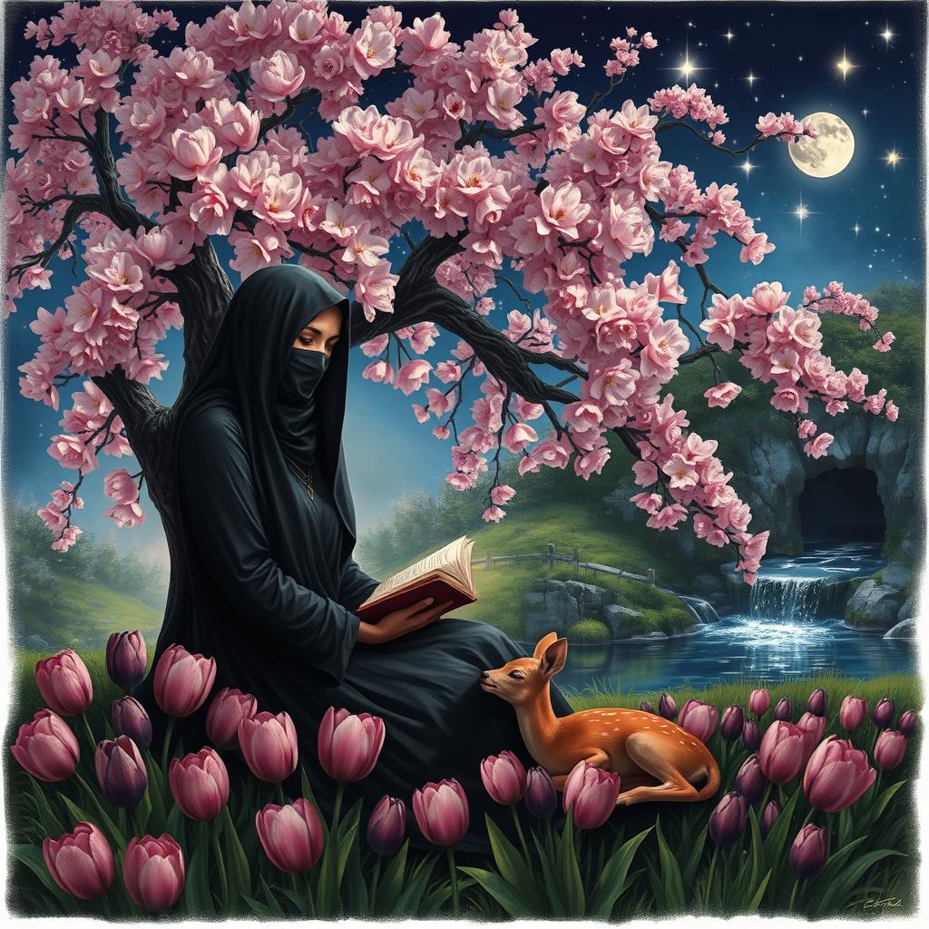 A realistic depiction of a veiled woman dressed in black, with her face covered, sitting under a magnificent flowering tree that glistens