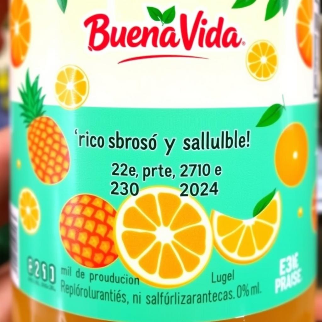 A vibrant and attractive juice label in Spanish for a pineapple and orange drink