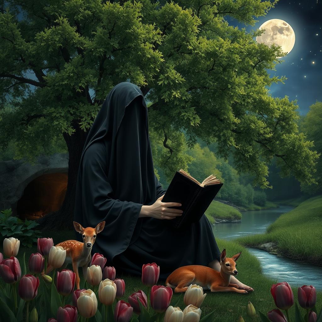 A realistic scene featuring a veiled woman wearing a black covering that obscures her face, sitting peacefully under a grand, lush green tree illuminated by moonlight