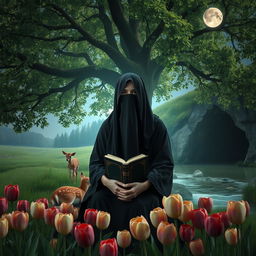 A realistic scene featuring a veiled woman wearing a black covering that obscures her face, sitting peacefully under a grand, lush green tree illuminated by moonlight