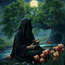 A realistic scene featuring a veiled woman wearing a black covering that obscures her face, sitting peacefully under a grand, lush green tree illuminated by moonlight