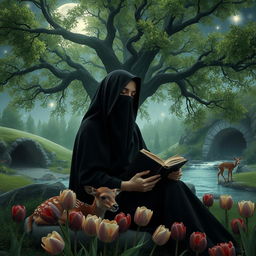 A realistic scene featuring a veiled woman wearing a black covering that obscures her face, sitting peacefully under a grand, lush green tree illuminated by moonlight