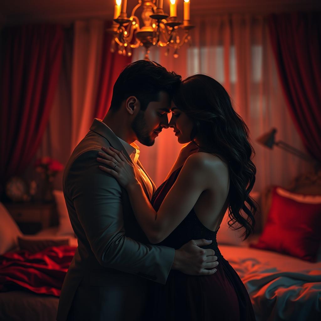 A sensual and intimate scene depicting a romantic couple in a softly lit bedroom