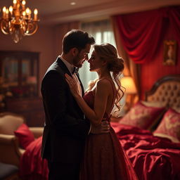 A sensual and intimate scene depicting a romantic couple in a softly lit bedroom
