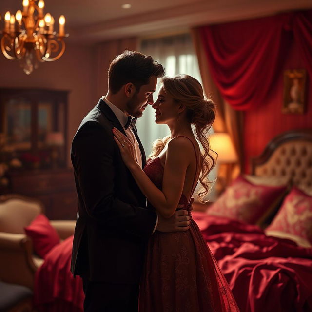 A sensual and intimate scene depicting a romantic couple in a softly lit bedroom
