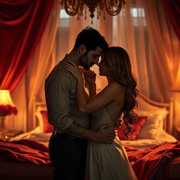 A sensual and intimate scene depicting a romantic couple in a softly lit bedroom