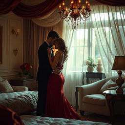 A sensual and intimate scene depicting a romantic couple in a softly lit bedroom