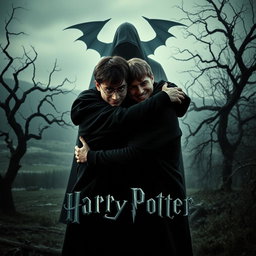 A gothic movie poster featuring Harry and Ron embracing in a warm hug, their expressions showing deep friendship and camaraderie