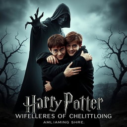A gothic movie poster featuring Harry and Ron embracing in a warm hug, their expressions showing deep friendship and camaraderie
