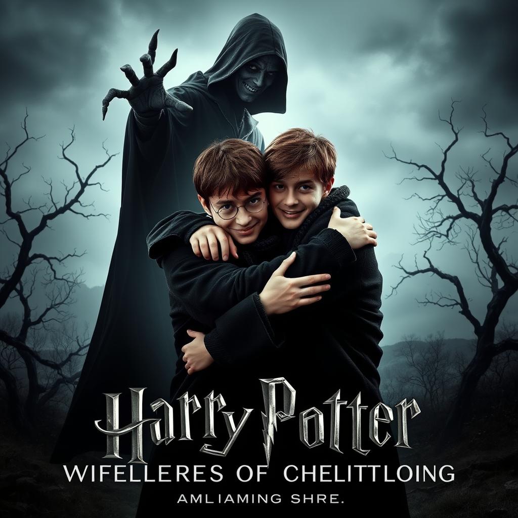 A gothic movie poster featuring Harry and Ron embracing in a warm hug, their expressions showing deep friendship and camaraderie
