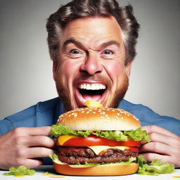 A photorealistic image of a man happily biting into a large, juicy hamburger laden with cheese, lettuce and tomatoes.