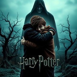 A gothic movie poster featuring Harry and Ron embracing in a warm hug, their expressions showing deep friendship and camaraderie