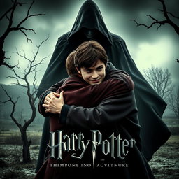 A gothic movie poster featuring Harry and Ron embracing in a warm hug, their expressions showing deep friendship and camaraderie