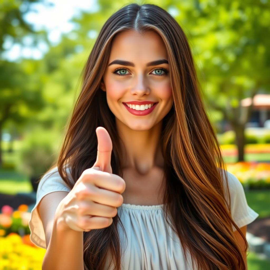 A portrait of a confident and attractive young woman giving a thumbs up gesture