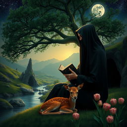 A realistic image of a veiled woman wearing a black outfit, covering her hands, sitting under a majestic green tree