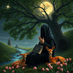 A realistic image of a veiled woman wearing a black outfit, covering her hands, sitting under a majestic green tree
